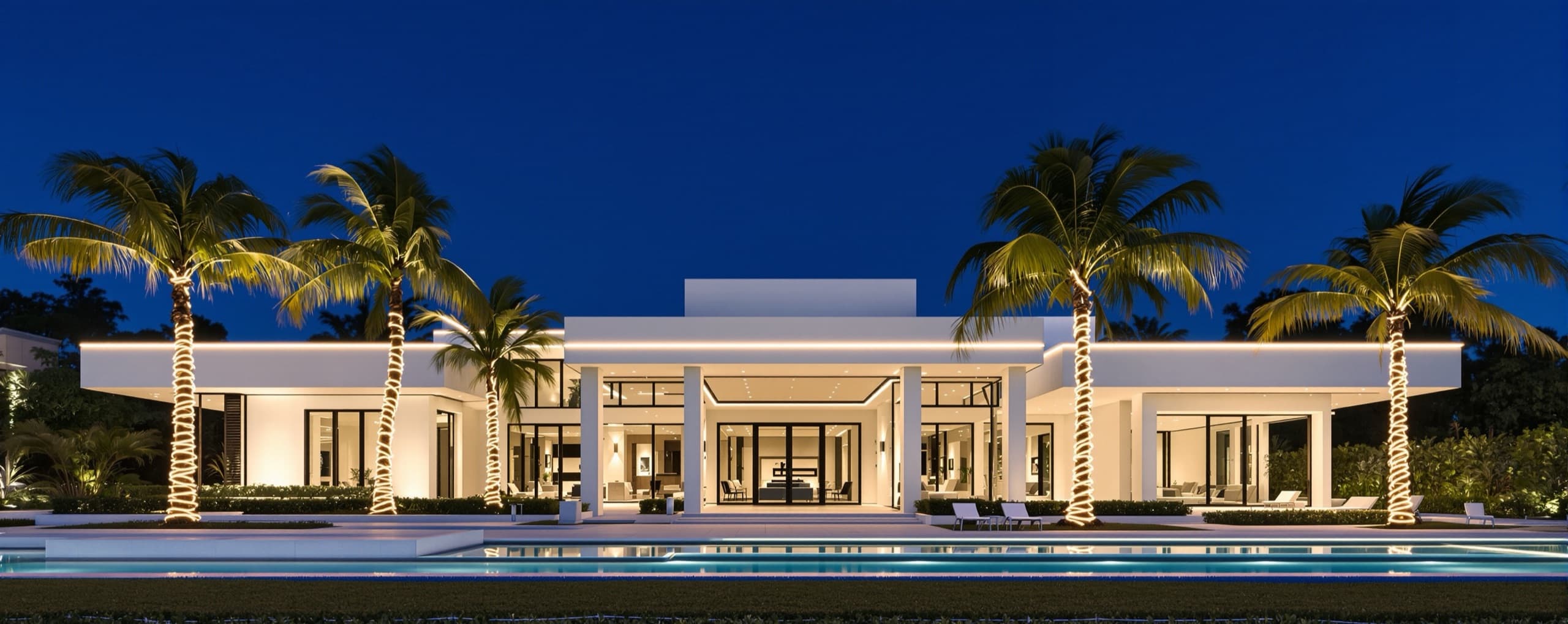 A modern white Miami home at dusk with its roofline outlined in warm white lights and palm trees wrapped in lights from trunk to crown
