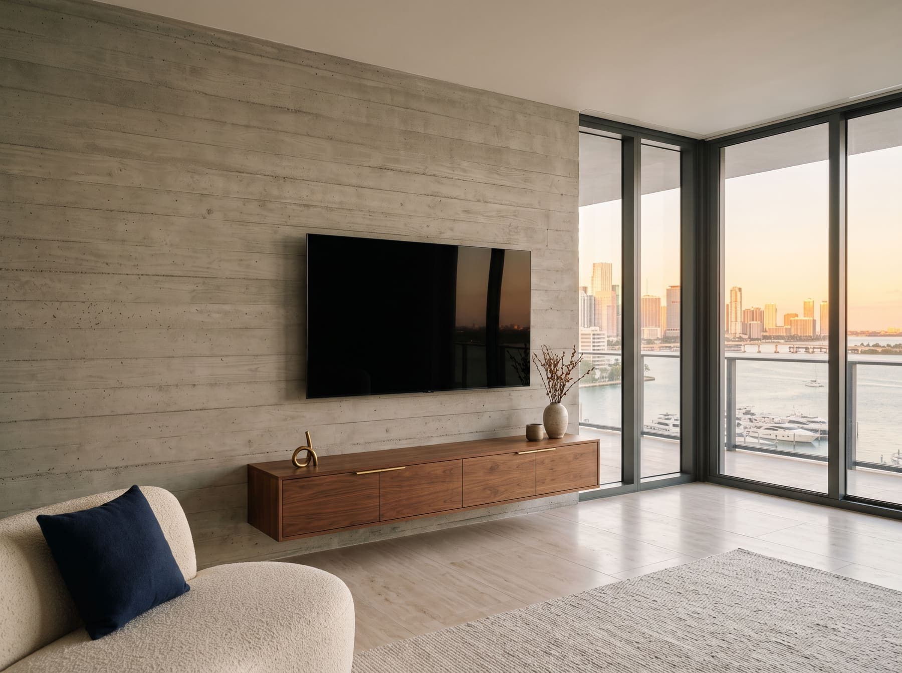 A TV mounted on a concrete wall in a Miami high-rise living room, bay view at sunset