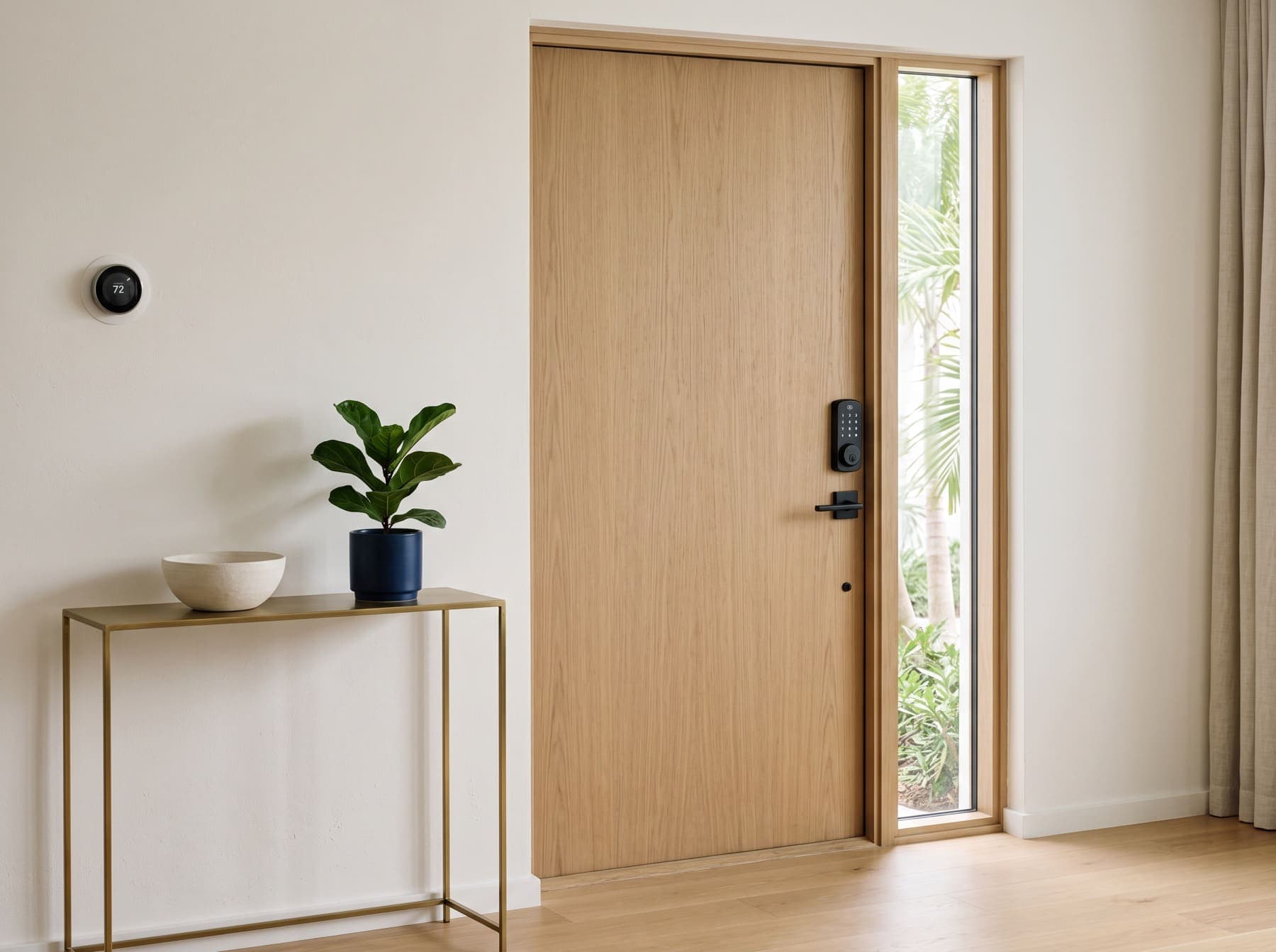 Smart deadbolt on a white oak front door with a thermostat on the wall beside it