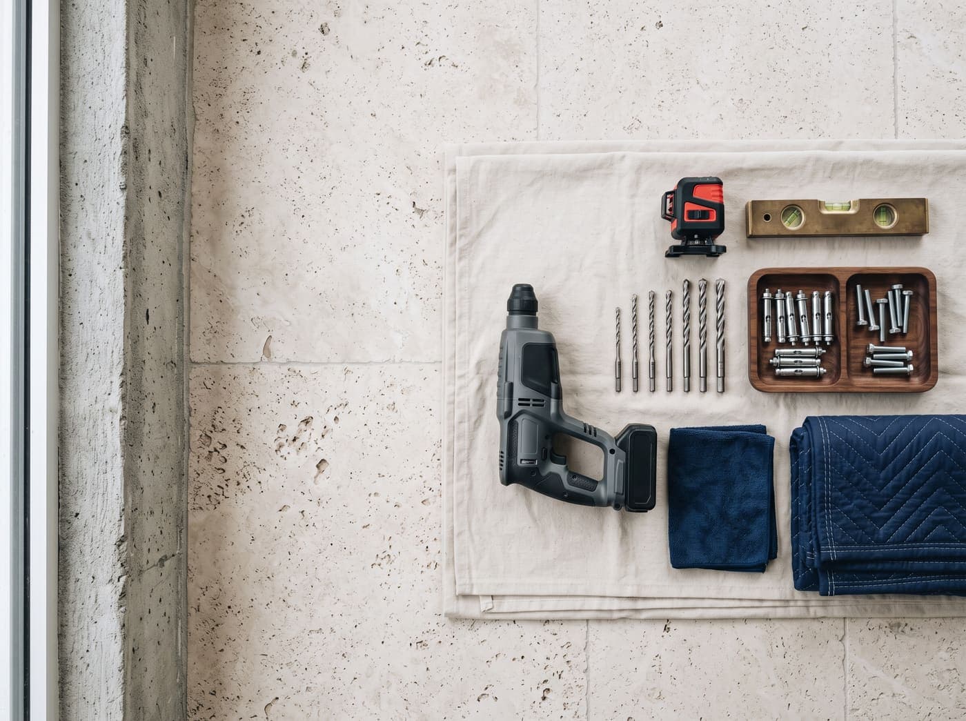 Hammer drill, masonry bits, anchors, laser level and moving blankets laid out on a drop cloth
